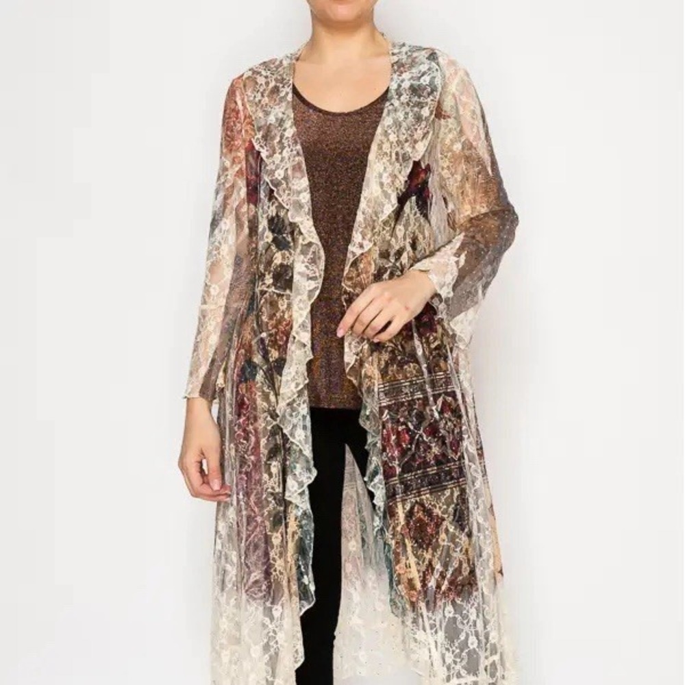 FLORAL LACE RUFFLE DUSTER WITH SPARKLES Western Boho NEW Size L